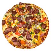 Tradicionais: Moda da Casa - Pizza Grande (Ingredientes: Molho de Tomate, Muçarela,  Presunto,  Tomate,  Pimentão,  Cebola,  Milho,  Bacon,  Calabresa,  Orégano)