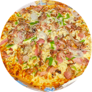 Tradicionais: Franbacon - Pizza Grande (Ingredientes: Molho de Tomate, Muçarela,  Frango,  Bacon,  Pimentão,  Cebola, Orégano)