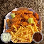 Frango frito crocante: Filezinho Crocante+ batata frita/Porção Media - Tamanho M (Ingredientes: Batata frita 200g, Tiras de frango 500g)