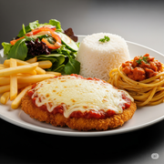 Prato executivo: Frango à Parmegiana - Frango à parmegiana acompanhado de arroz, batata frita, massa com molho do dia e salada fresca. Uma combinação saborosa e completa para o seu almoço.