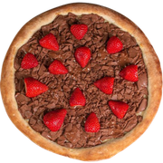 Doces: Chocolate com morango - Pizza Grande (Ingredientes: Leite condensado, Queijo mussarela, Chocolate, Morango)