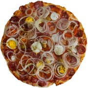Especiais: Portuguesa especial - Pizza Grande (Ingredientes: Molho de tomate, Queijo mussarela, Milho, Ervilha, Ovo, Presunto, Calabresa, Cebola, Pimentão, Tomate, Orégano)