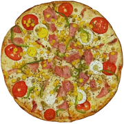 Tradicionais: Portuguesa - Pizza Grande (Ingredientes: Molho de tomate, Queijo mussarela, Tomate, Pimentão, Ovo, Presunto, Milho, Ervilha, Orégano)
