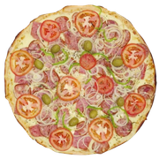 Tradicionais: Moda da casa - Pizza Grande (Ingredientes: Presunto, Azeitona, Tomate, Orégano, Cebola, Pimentão, Calabresa, Presunto)