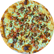 Pizzas: 00 - Pizza Pernil de Quermesse (especial junino) - Pizza Grande (Ingredientes: Cebolinha, Molho de Tomate, Mussarela, Pernil desfiado, Requeijão, Vinagrete com pimentão)