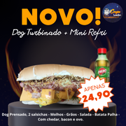 Hot Dogs: Dog Turbinado + Refri 200ml - Lanches (Ingredientes: 2 Salsichas, Alface, Bacon, Barbecue, Batata Palha, Cheddar, Ervilha, Ketchup, Maionese, Milho, Mostarda, Ovo, Tomate)