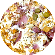 Especiais: Da Casa - Pizza Grande (Ingredientes: Molho, Mussarela, Frango Desfiado, Palmito, Cream Cheese, Bacon)