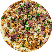 Especiais: Napolitana - Pizza Grande (Ingredientes: Molho, Mussarela, Ervilha, Catupiry, Frango Desfiado, Bacon)