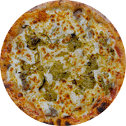 Pizzas: Mignon Intergaláctico - Filé mignon e alho poró - Pizza Broto (Ingredientes: Alho Poró, Filé Mignon, Molho de Tomate, Muçarela, Requeijão Cremoso)