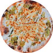 Pizzas: Via Verde-láctea - Alho poró e cream cheese - Pizza Broto (Ingredientes: Alho Poró, Cream Cheese, Muçarela, Requeijão Cremoso)