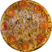Tradicionais: Lombo Canadense - Pizza Grande (Ingredientes: Azeitona Verde, Cebola, Lombo Canadense, Massa artesanal, Molho de Tomate, Orégano, Queijo mussarela, Tomate italiano)