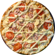 Premium: Princesa valentina - Pizza Grande (Ingredientes: Azeitona, Champignon, Massa artesanal, Molho de tomate bragatto, Orégano, Palmito, Peito de Peru Defumado, Queijo mussarela, Requeijão original, Tomate)