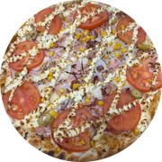 Premium: Especial Bragatto - Pizza Grande (Ingredientes: Azeitona, Bacon, Cebola, Massa artesanal, Milho, Molho de tomate bragatto, Orégano, Palmito, Peito de Peru, Queijo mussarela, Requeijão original, Tomate italiano)