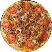 Premium: Marggiodomo - Pizza Grande (Ingredientes: Azeitona, Bacon, Cebola, Ervilha, Frango, Massa artesanal, Milho, Molho de tomate bragatto, Orégano, Presunto, Queijo mussarela, Tomate)