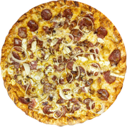 Tradicionais: Toscana - Pizza Pequena (Ingredientes: Azeitona, Bacon, Calabresa, Cebola, Molho Pomodoro, Muçarela, Orégano, Ovos)