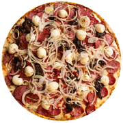 Tradicionais: Mafiosa - Pizza Família (Ingredientes: Calabresa Forte, Berinjela, Cebola, Ovo de Codorna)