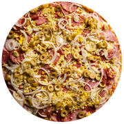 Tradicionais: Portuguesa - Pizza Família (Ingredientes: Presunto, Calabresa, Ovos, Cebola Fatiada, Azeitona)