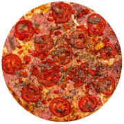 Tradicionais: Laçador - Pizza Família (Ingredientes: Presunto, Pimentão, Enchovas, Tomate, Parmesão)