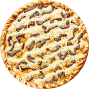 Gourmet: Filé Mignon a Moda Maná - Pizza Pequena (Ingredientes: Azeitona, Catupiry Original, Gorgonzola, Lascas de Filé Mignon, Molho Pomodoro, Muçarela, Orégano, Provolone)