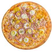 Tradicionais: Portuguesa - Pizza Média (Ingredientes: Azeitona, Cebola, Milho, Molho, Muçarela, Orégano, Ovo, Presunto, Tomate)