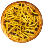 Premium: Filé com fritas - Pizza Média (Ingredientes: Cebola, Filé Mignon, Fritas, Molho, Muçarela, Orégano)
