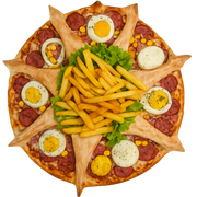 Especiais: Vulcão - Pizza Grande (Ingredientes: Calabresa, Fritas, Milho, Molho, Muçarela, Orégano, Ovo, Presunto, Tomate)