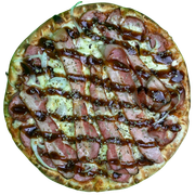 Calabresa: CALABRESA SUPREMA - Pizza Grande (Ingredientes: cebola, molho BBQ e bacon em fatias, Calabresa Fatiada)