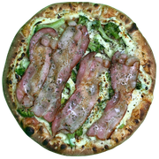 Vegetais: BRÓCOLIS E BACON - Pizza Grande (Ingredientes: requeijão puro e bacon em fatias, Brócolis)