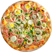 Presunto: PORTUGUESA 1 - Pizza Grande (Ingredientes: Presunto, ovos, cebola, Mussarela, Molho de Tomate, Orégano)