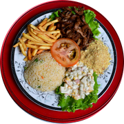 REFEIÇÕES E PETISCOS: GRELHADO ÍSCAS DE CARNE - íscas de carne + arroz+ farofa+ maionese + fritas