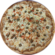 Atum: Atum Sete Mares - Pizza Grande (Ingredientes:  Alcaparras,  Atum,  Azeitonas,  Orégano,  Palmito, Molho, Muçarela)