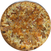 Queijos: Bacon - Pizza Grande (Ingredientes:  Azeitonas,  Bacon,  Cebola,  Orégano, Molho, Muçarela)