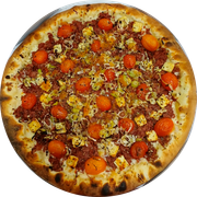 Premium: Carne Seca - Pizza Grande (Ingredientes:  Alho poró,  Azeitonas,  Carne seca,  Orégano, Molho, Muçarela, Queijo coalho, Tomate cereja)