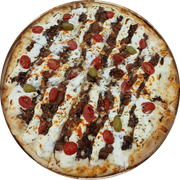 Premium: Costela Gaúcha - Pizza Grande (Ingredientes:  Azeitonas,  Barbecue,  Costela desfiada,  Cream Cheese,  Orégano, Molho, Muçarela, Tomate cereja)