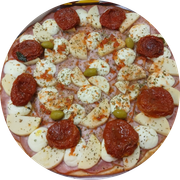 Lombo: Romana - Pizza Grande (Ingredientes:  Azeitonas,  Lombo,  Orégano,  Palmito em rodelas,  Tomate seco, Molho, Muçarela de búfala cereja)