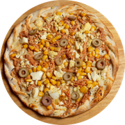 Salgadas: Frango Caipira - Pizza Família (Ingredientes: Milho, Molho, Mussarela, Orégano, Ovo)