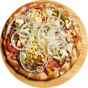 Salgadas: Portuguesa - Pizza Família (Ingredientes: Azeite de Oliva, Azeitona, Bacon, Calabresa, Cebola, Milho, Molho, Mussarela, Orégano, Ovo, Parmesão, Pimentão, Presunto, Tomate)