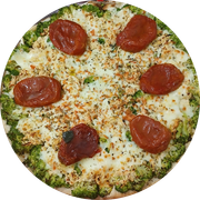 Vegetais: Bambino - Pizza Grande (Ingredientes:  Alho Frito,  Azeitonas,  Brócolis,  Orégano,  Tomate seco, Molho, Muçarela)