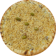 Especial: Strogonoff de Frango - Pizza Grande (Ingredientes:  Azeitonas,  Batata palha,  Orégano,  Strogonoff de frango, Molho, Muçarela)