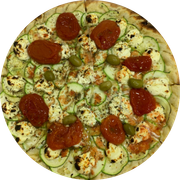 Especial: Carpaccio de Abobrinha - Pizza Grande (Ingredientes:  Abobrinha,  Azeitonas,  Cream Cheese,  Orégano,  Tomate seco, Molho, Muçarela)