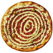 Salgadas: Calabresa Catupiry - Pizza Gigante (Ingredientes: Azeitona, Calabresa, Catupiry, Molho de Tomate, Mussarela, Orégano)