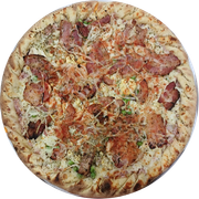 Presunto: Moda do Chefe - Pizza Grande (Ingredientes:  Azeitonas,  Bacon,  Cebola,  Champignon,  Ervilha,  Orégano,  Ovo,  Palmito,  Presunto, Molho, Muçarela)