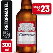 Retornáveis 300ml: Budweiser Retornável 300ml (Caixa 23 Unidades) - A Cerveja Budweiser é feita a partir da mistura de seus ingredientes naturais, que após passar por processos de purificação está pronta para ser gelada e consumida.
