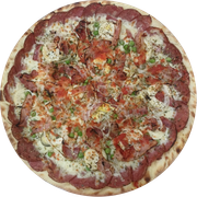 Presunto: Portuguesa - Pizza Grande (Ingredientes:  Azeitonas,  Bacon,  Calabresa,  Cebola,  Ervilha,  Orégano,  Ovo,  Presunto, Molho, Muçarela)