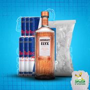 Kits de Vodka + red bull + gelo 3kg: Absolut Elyx 700ml + 6 Red Bull + Gelo 3kg)