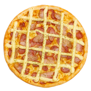 Especiais: À Moda da Casa - Pizza Média (Ingredientes: Bacon, Calabresa, Catupiry, Cebola, Molho, Muçarela, Orégano)