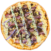 Premium: Costela com bacon e catupiy - Pizza Média (Ingredientes: Bacon, Catupiry, Cebola Roxa, cebolinha, Costela)