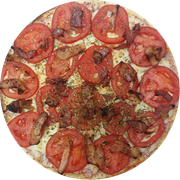 Presunto: Brasileira - Pizza Grande (Ingredientes:  Azeitonas,  Bacon,  Champignon,  Ervilha,  Orégano,  Palmito,  Presunto,  Tomate, Molho, Muçarela)