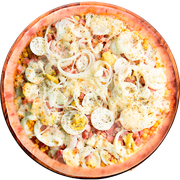 Tradicionais: Americana - Pizza Grande (Ingredientes: Bacon, Cebola, Milho, Mussarela, Orégano, Ovos)