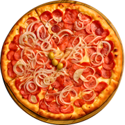 Especiais: Calabresa - Combo Q-rido da Le Masse! Pizza Grande + Refrigerante ou Suco 1L. (Ingredientes: Azeitona, Calabresa, Cebola, Molho de Tomate, Mussarela, Orégano)